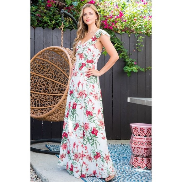 WHITE MAUVE GREEN RUFFLE NECKLINE FLORAL MAXI DRESS - Picture 5 of 7